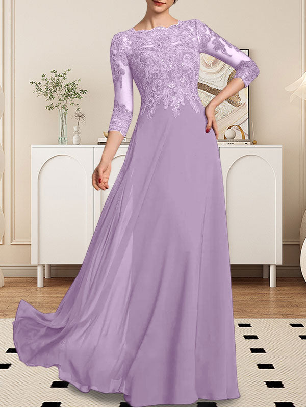 Vestido de gasa con encaje y lentejuelas para madre de la novia, corte A, largo hasta el suelo