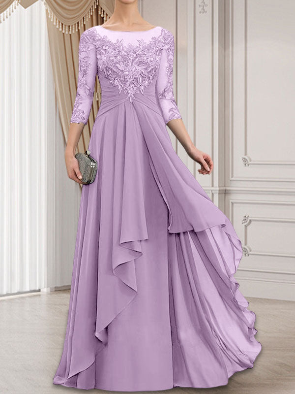 Vestido de gasa con encaje, corte A, escote ilusión, largo hasta el suelo, para madre de la novia con volantes en cascada