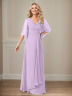 A-Linie V-Ausschnitt Lange Pailletten Chiffon Mutterkleid