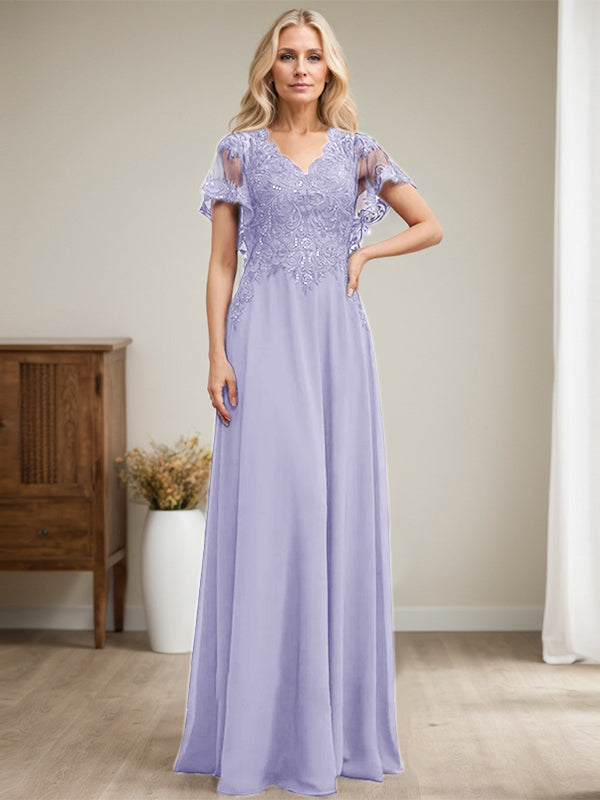 Vestido de madre de la novia de gasa con encaje, escote en V y lentejuelas, largo hasta el suelo