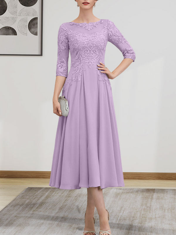 A-line Scoop Illusion Tea-Length Chiffon Lace Mother of the Bride Dress With Beading Sequins