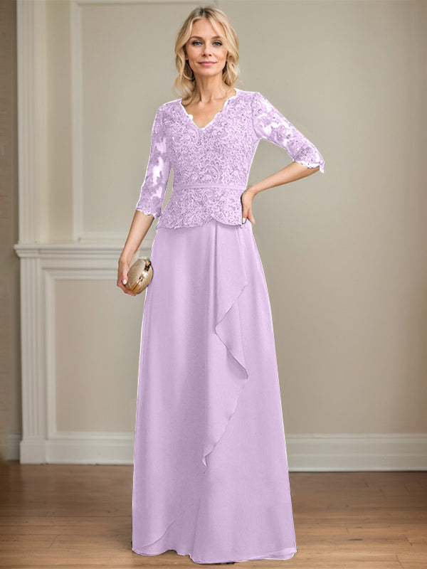 Vestido de madre de la novia de gasa con encaje, escote en V, largo hasta el suelo, con volantes en cascada y lentejuelas