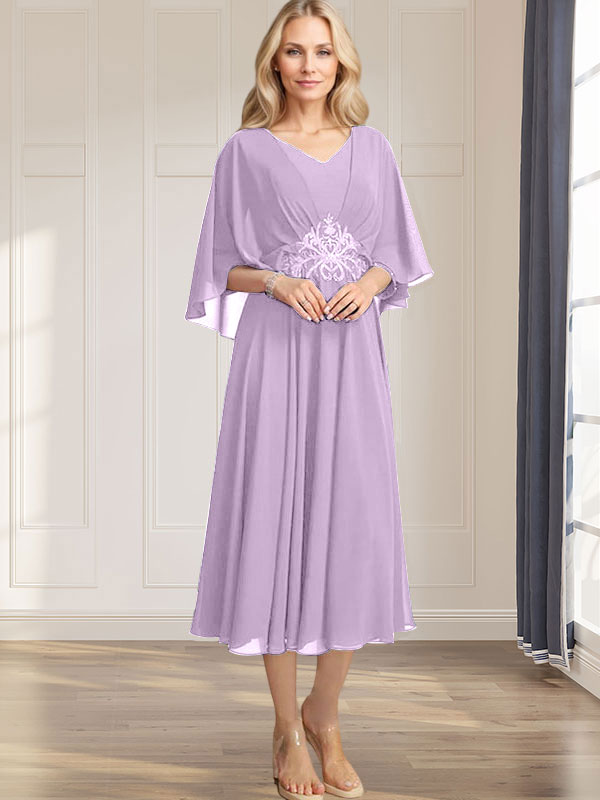 A-Linie V-Ausschnitt Wadenlanges Chiffonkleid für die Brautmutter mit plissierten Paillettenapplikationen Spitzenbesatz 