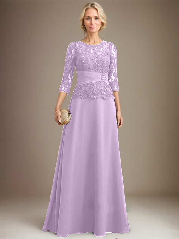 Vestido de gasa con encaje, corte A, ilusión, largo hasta el suelo, para madre de la novia, con lentejuelas plisadas y abalorios