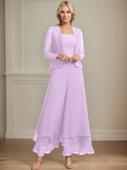 Vestido de madre de la novia de gasa con encaje y lentejuelas, largo hasta los tobillos, con mono/pantalón separado