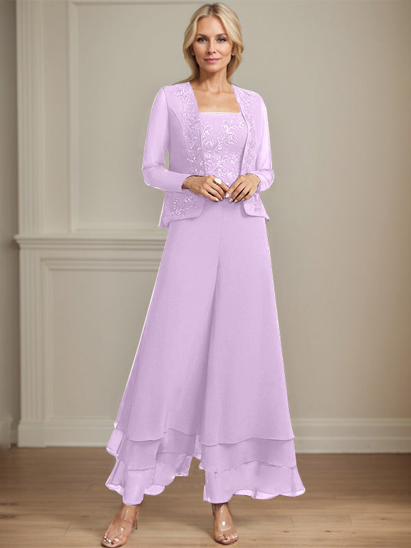 Separates Jumpsuit/Hosenanzug Quadratisches Knöchellanges Spitzenchiffonkleid für die Brautmutter mit Pailletten 