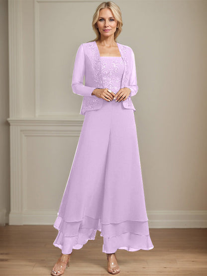 Separates Jumpsuit/Hosenanzug Quadratisches Knöchellanges Spitzenchiffonkleid für die Brautmutter mit Pailletten 