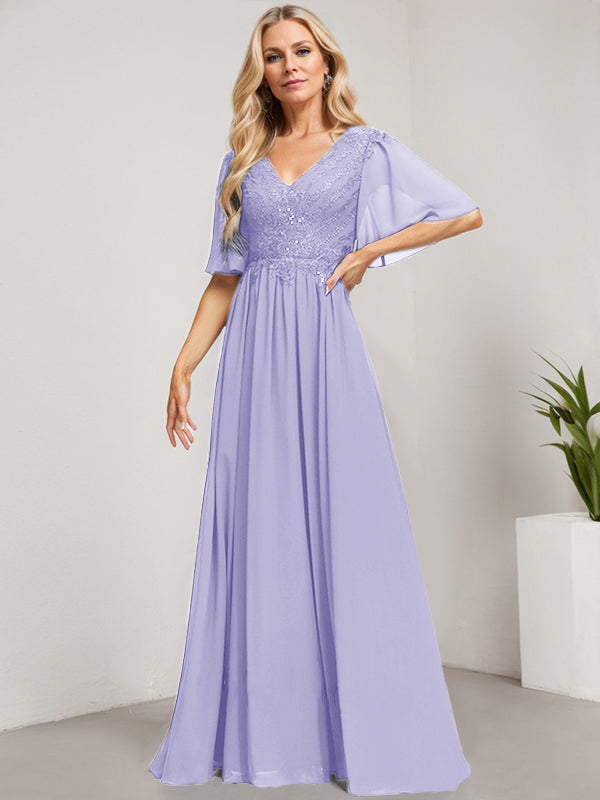 Vestido de madre de la novia de gasa con encaje, escote en V y lentejuelas, largo hasta el suelo