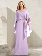 Vestido de gasa para madre de la novia con escote en V, corte A y largo hasta el suelo, con volantes en cascada y cuentas