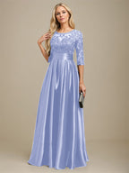 Vestido de madre de la novia de satén elástico con encaje, corte A, escote ilusión, largo hasta el suelo, con lazo y lentejuelas