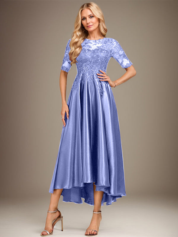 Vestido de madre de la novia de encaje satinado elástico asimétrico con ilusión de escote redondo y lentejuelas
