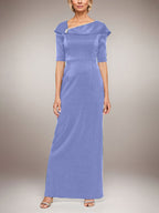 Vestido largo de columna brillante con puños doblados, escote en L y mangas hasta el codo