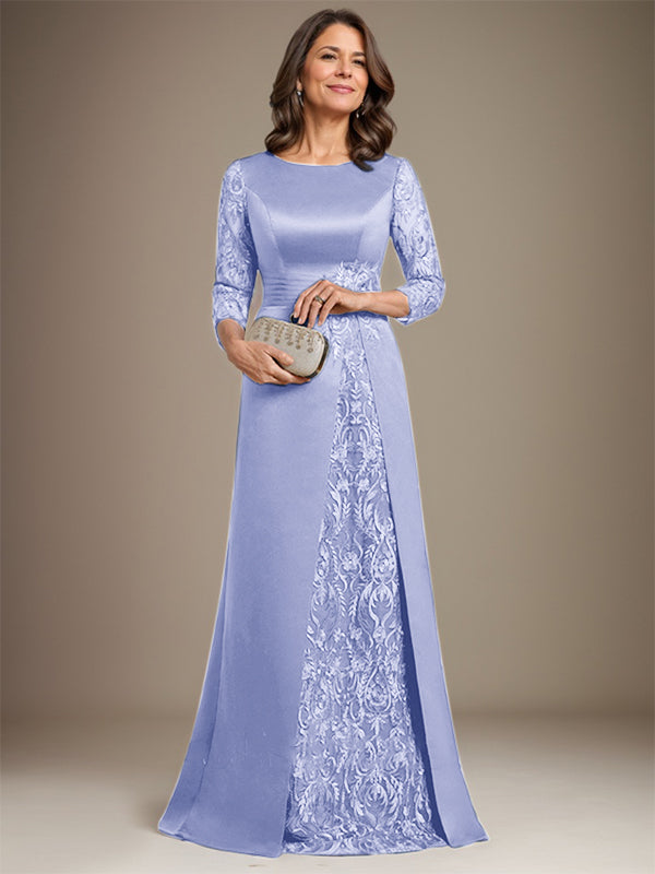 Vestido de madre de la novia de satén con encaje, corte A, largo hasta el suelo y apliques
