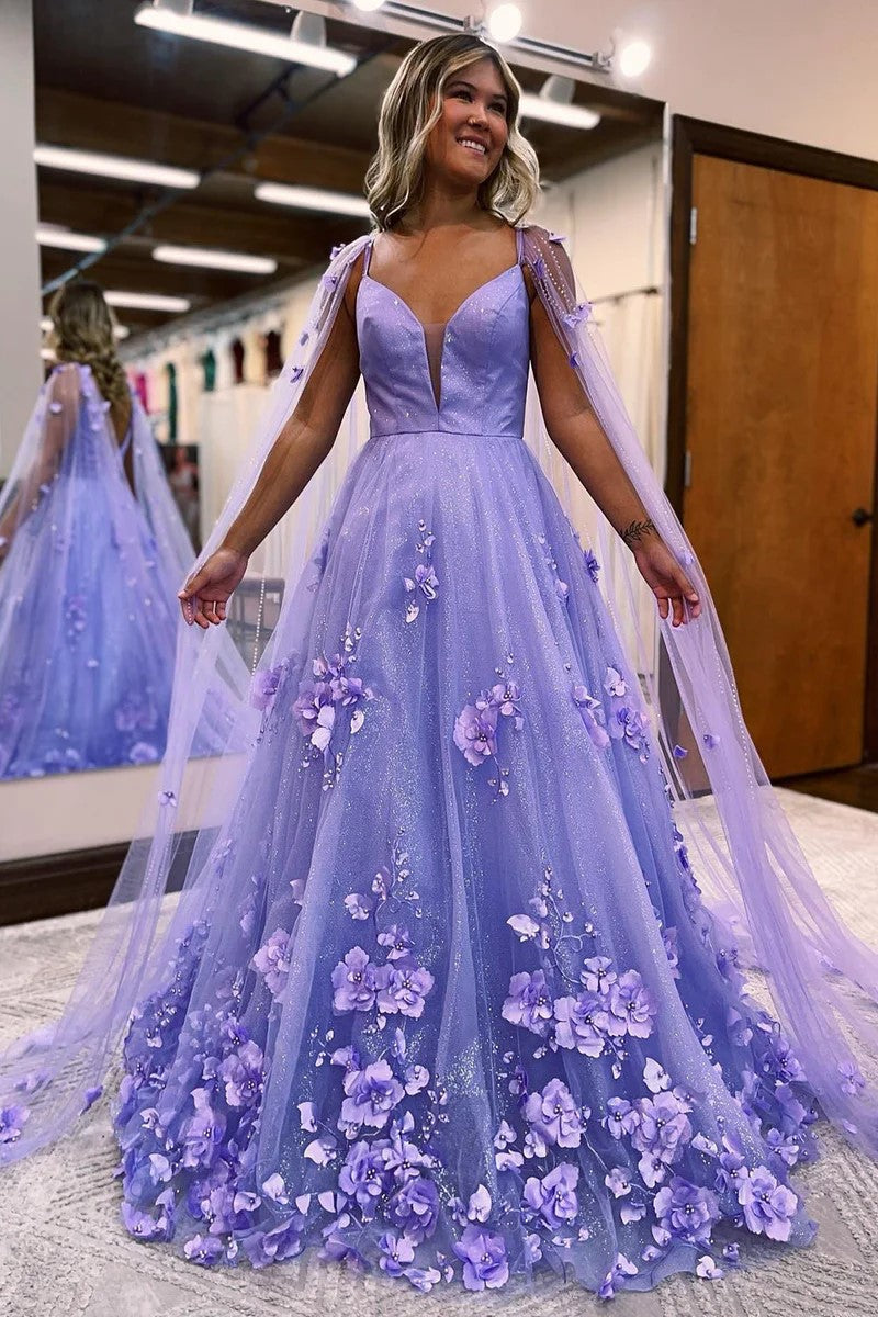 Lavendelfarbenes Ballkleid mit 3D-Blumenspitze und A-Linien-Ärmeln, langes PSK446