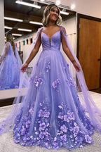 Lavendelfarbenes Ballkleid mit 3D-Blumenspitze und A-Linien-Ärmeln, langes PSK446