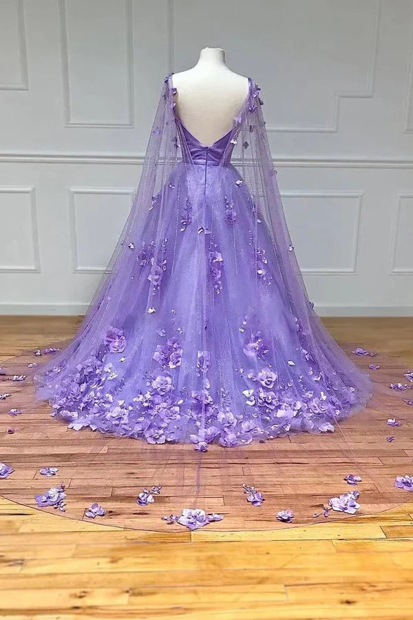 Lavendelfarbenes Ballkleid mit 3D-Blumenspitze und A-Linien-Ärmeln, langes PSK446