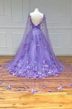 Lavendelfarbenes Ballkleid mit 3D-Blumenspitze und A-Linien-Ärmeln, langes PSK446