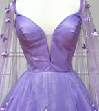 Lavendelfarbenes Ballkleid mit 3D-Blumenspitze und A-Linien-Ärmeln, langes PSK446