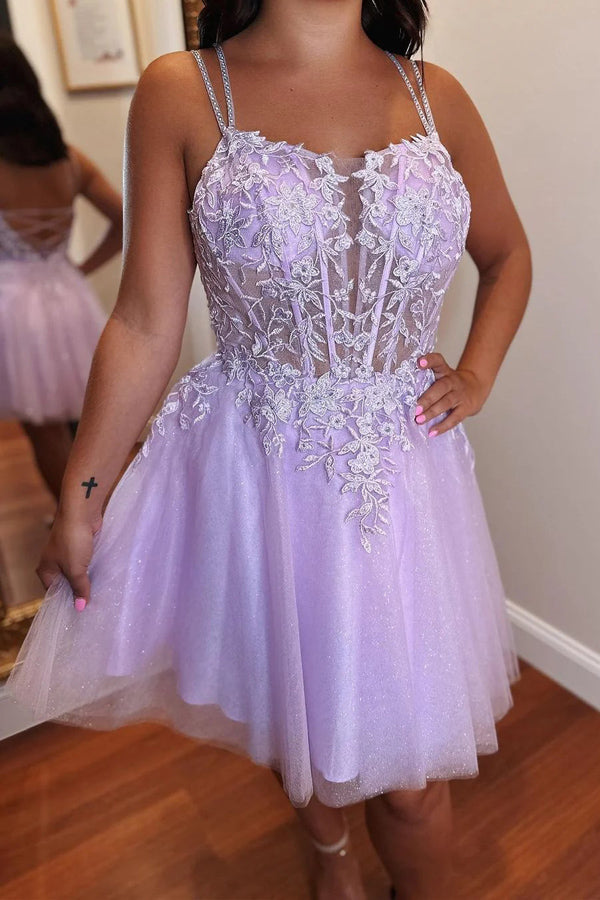 A-Linie Appliques Lace-Up Tüll Lavendel Homecoming Kleid PD508