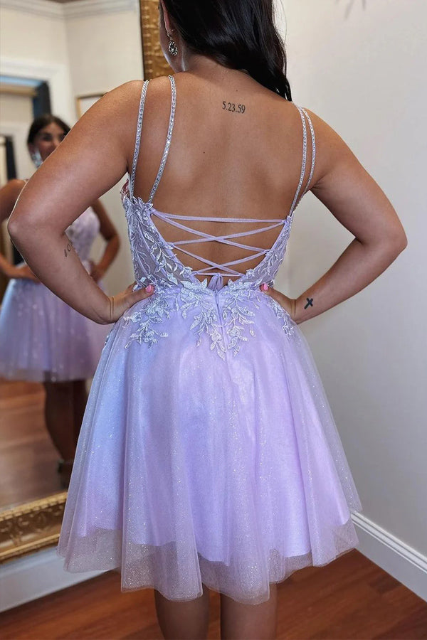 A-Linie Appliques Lace-Up Tüll Lavendel Homecoming Kleid PD508