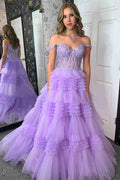 Lavendelfarbenes, schulterfreies Ballkleid mit Herzausschnitt, Spitze und Rüschen, PSK471