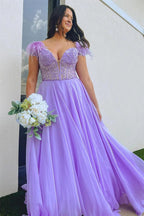 Vestido de fiesta largo color lavanda, corte A, hombros descubiertos, plumas, PSK433