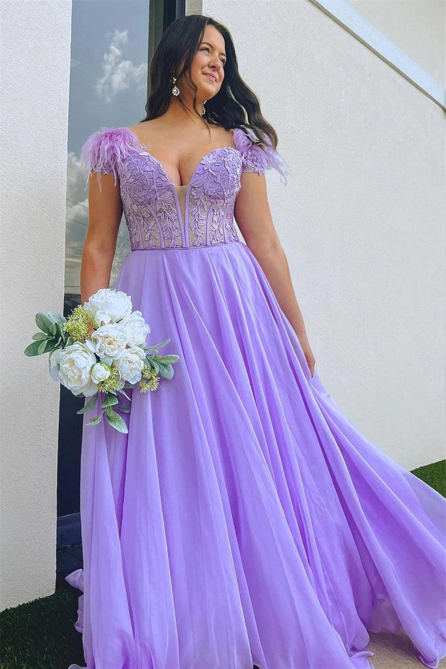 A-Linie Lavendel Tiefer Ausschnitt Off-the-Shoulder Langes Ballkleid mit Federn PSK433