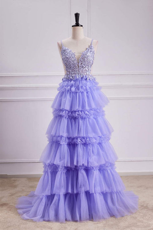 Lavendelfarbenes, tiefes V-Ausschnitt-Blumen-A-Linien-Ballkleid PSK558
