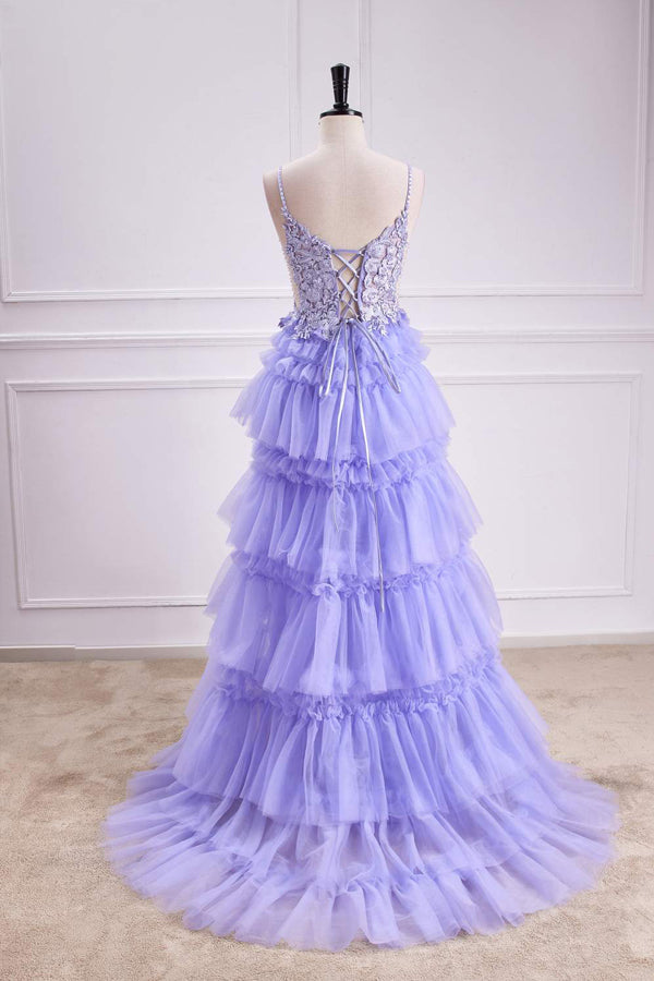 Lavendelfarbenes, tiefes V-Ausschnitt-Blumen-A-Linien-Ballkleid PSK558