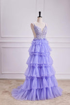 Lavendelfarbenes, tiefes V-Ausschnitt-Blumen-A-Linien-Ballkleid PSK558