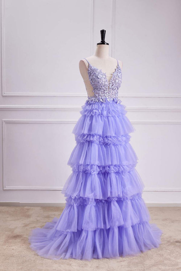 Lavendelfarbenes, tiefes V-Ausschnitt-Blumen-A-Linien-Ballkleid PSK558