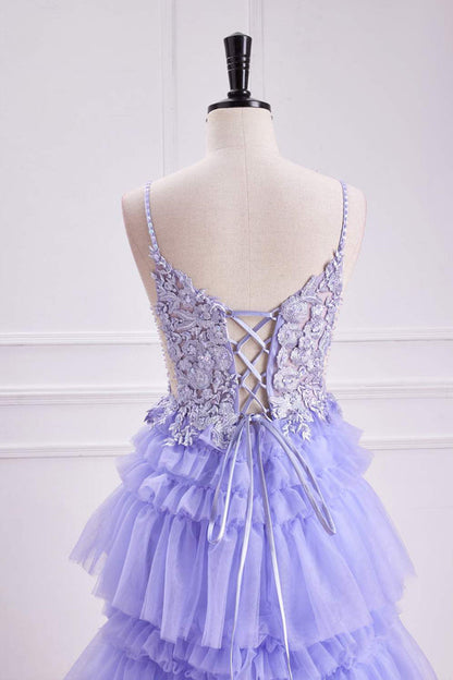 Lavendelfarbenes, tiefes V-Ausschnitt-Blumen-A-Linien-Ballkleid PSK558