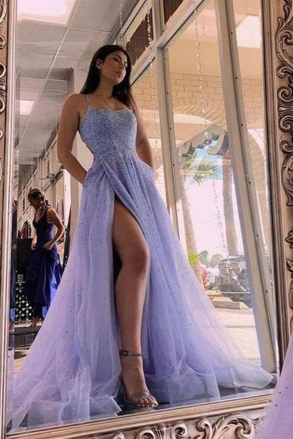 Vestidos de fiesta largos de tul lavanda con corte en A y cuentas, con abertura PSK436