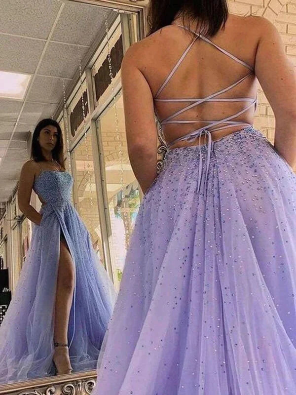 Vestidos de fiesta largos de tul lavanda con corte en A y cuentas, con abertura PSK436
