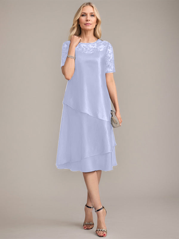 Vestido de madre de la novia con corte en A, escote redondo y largo hasta la rodilla, con apliques y lentejuelas