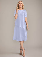 Vestido de madre de la novia con corte en A, escote redondo y largo hasta la rodilla, con apliques y lentejuelas