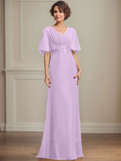 A-Linie V-Ausschnitt Bodenlanges Chiffonkleid für die Brautmutter mit plissierten Paillettenapplikationen Spitze