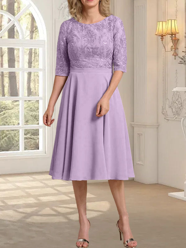 Vestido de gasa con encaje y escote redondo hasta la rodilla para madre de la novia
