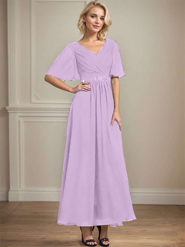 Vestido de gasa para madre de la novia con escote en V, largo hasta los tobillos, corte A y lentejuelas plisadas con cuentas