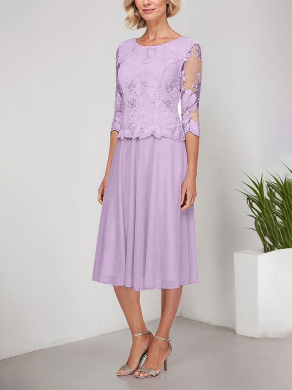 Vestido de gasa con encaje y bordado para madre de la novia, corte A, escote redondo y largo hasta la rodilla