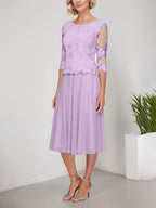 Vestido de gasa con encaje y bordado para madre de la novia, corte A, escote redondo y largo hasta la rodilla