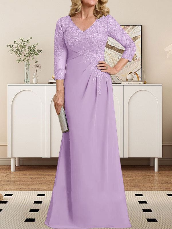 Vestido de madre de la novia de gasa con encaje, escote en V, ilusión, largo hasta el suelo, con lentejuelas plisadas