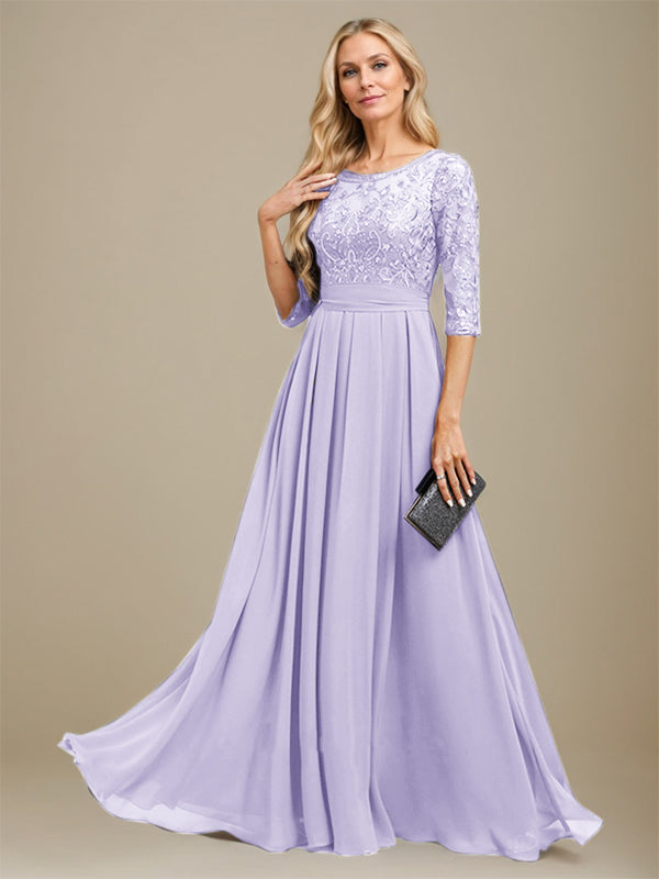 Vestido de madre de la novia de gasa con encaje, corte A, largo hasta el suelo y apliques de lentejuelas