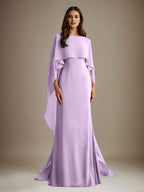 Vestido de gasa para madre de la novia, largo hasta el suelo, con escote barco y corte tubo/columna y volantes en cascada