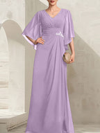 Vestido de gasa para madre de la novia, con escote en V, largo hasta el suelo, con lentejuelas plisadas y abalorios