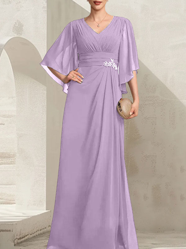 Etui-Linie/Säule V-Ausschnitt Bodenlang Chiffon Kleid für die Brautmutter mit Plissee Pailletten Perlenbesatz