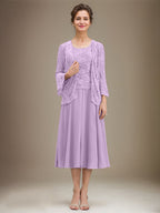 Vestido de gasa con encaje y lentejuelas para madre de la novia, corte A, escote redondo y largo hasta la rodilla