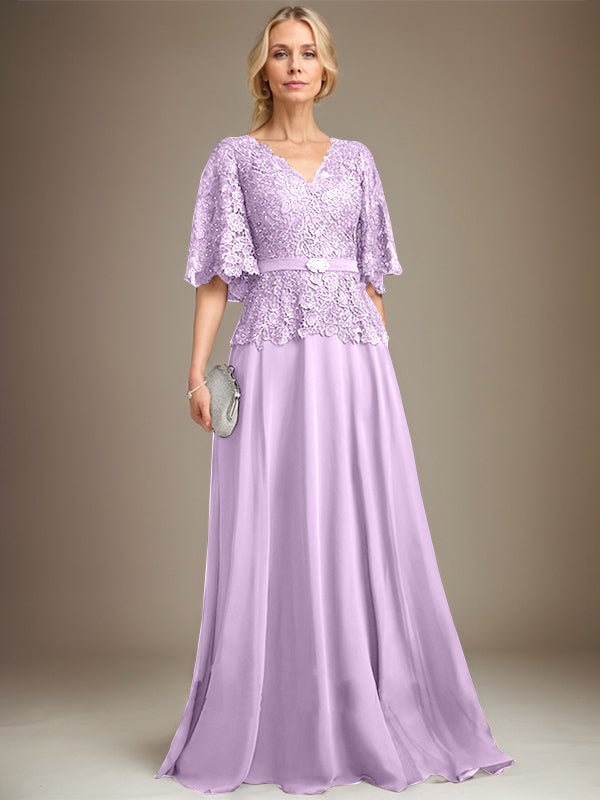A-Linie V-Ausschnitt Bodenlanges Chiffon-Spitzenkleid für die Brautmutter mit Kristallbrosche und Strass 