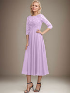Vestido de gasa con encaje y lentejuelas para madre de la novia, corte A, escote redondo y largo hasta la rodilla