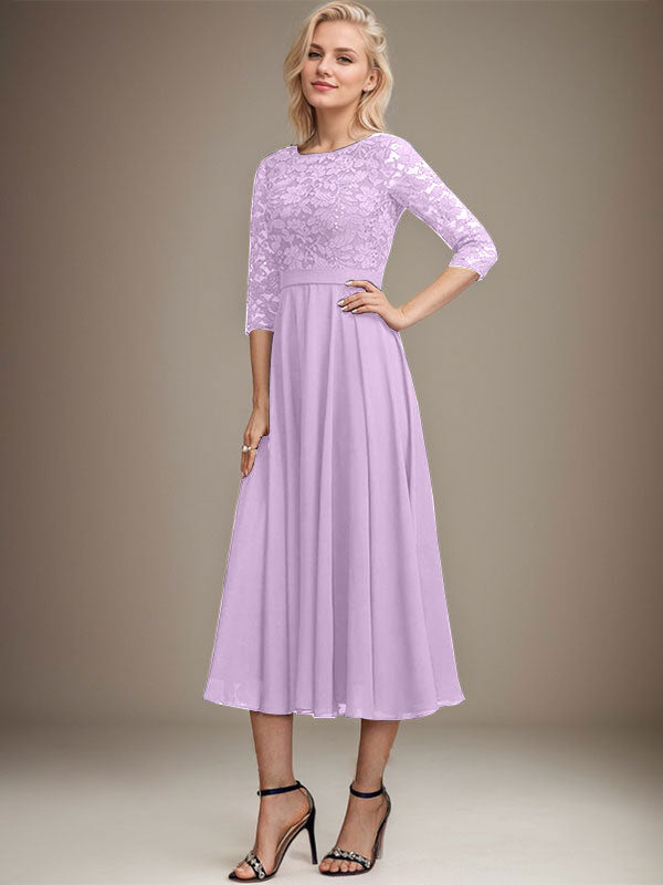 Vestido de gasa con encaje y lentejuelas para madre de la novia, corte A, escote redondo y largo hasta la rodilla
